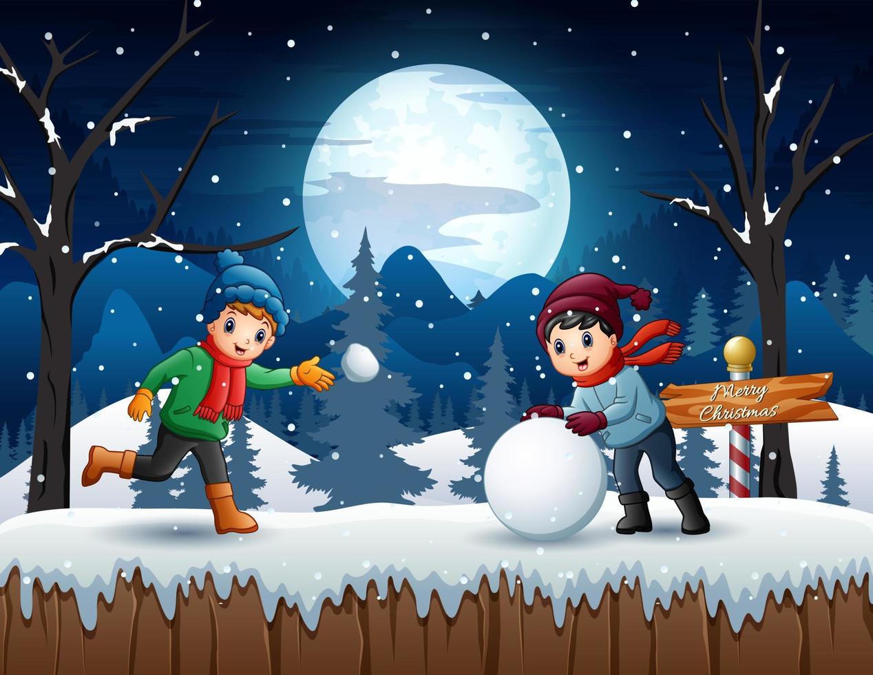 niños de dibujos animados jugando bolas de nieve en la noche de invierno vector