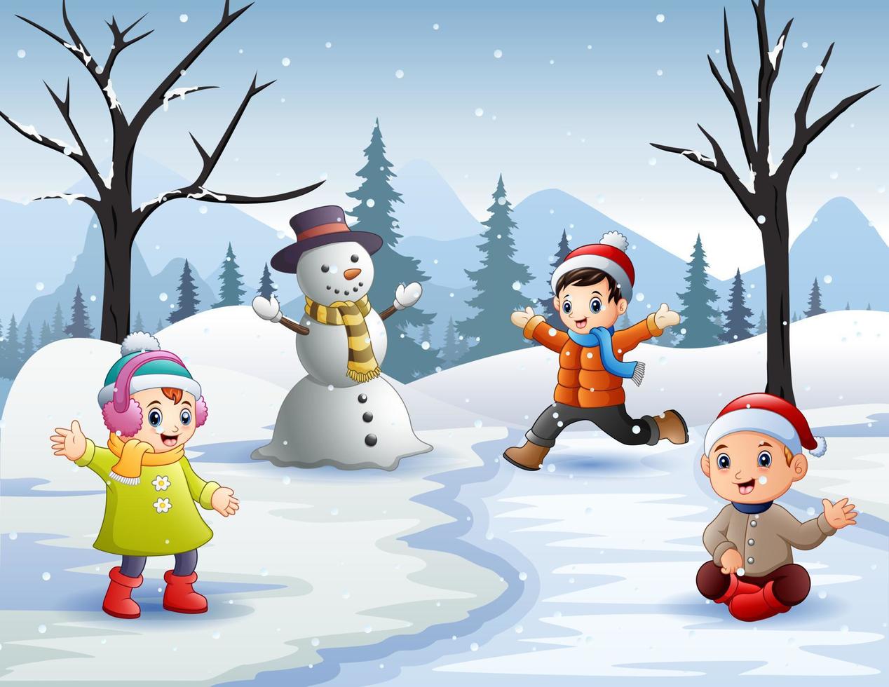 Winter outdoor activities with kids in and snowman vector