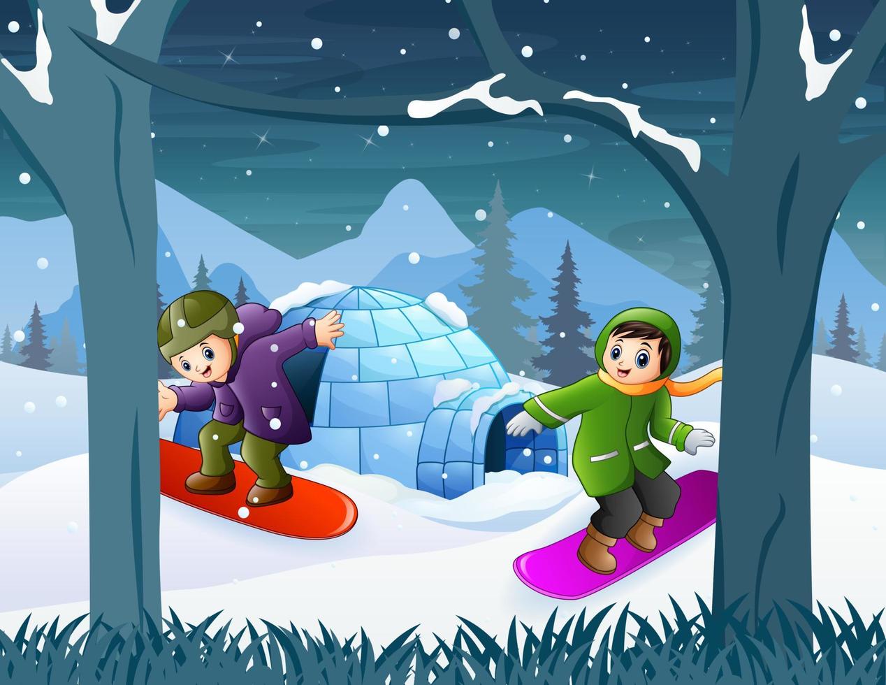 Children on snowboards in winter landscape vector