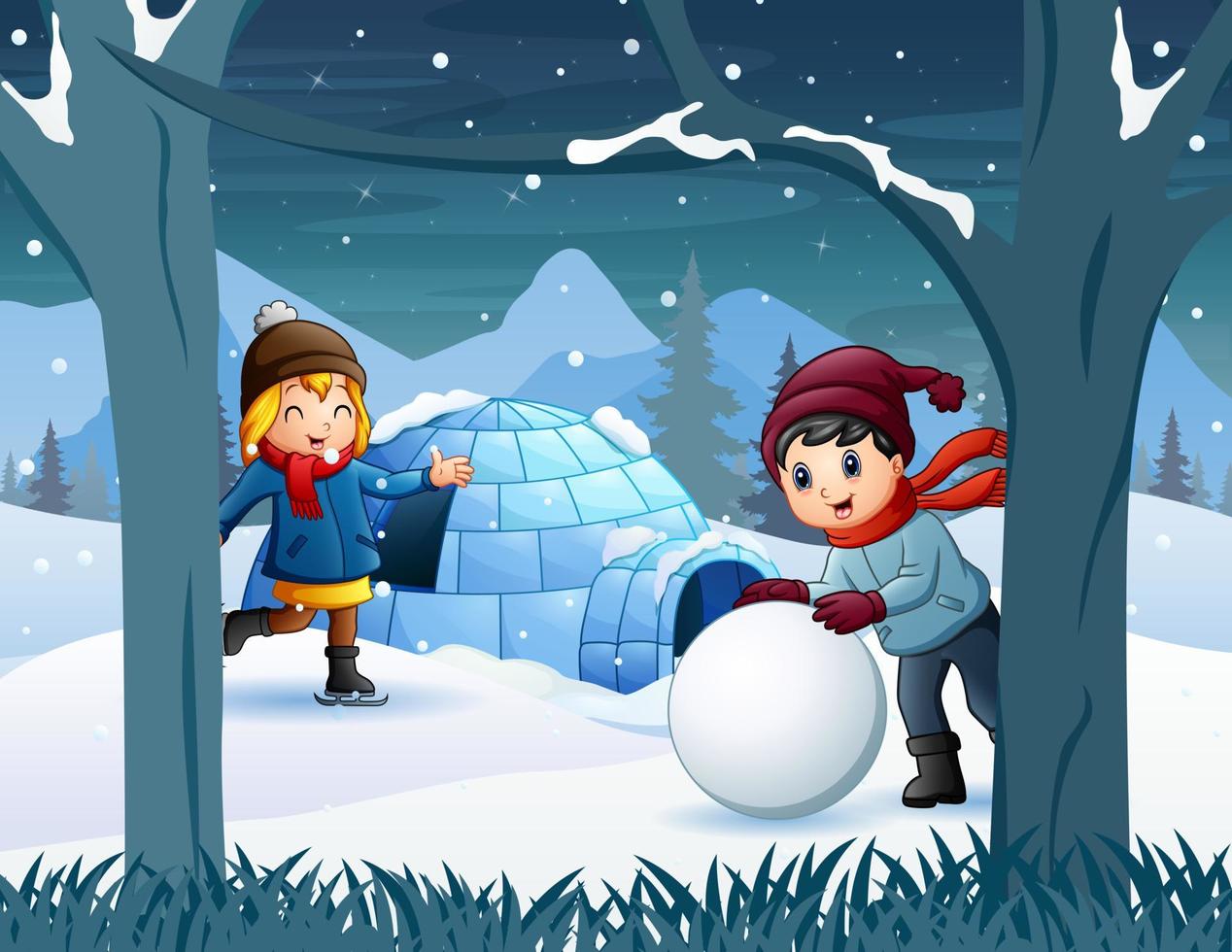 Cheerful kids playing a snow near the igloo house vector