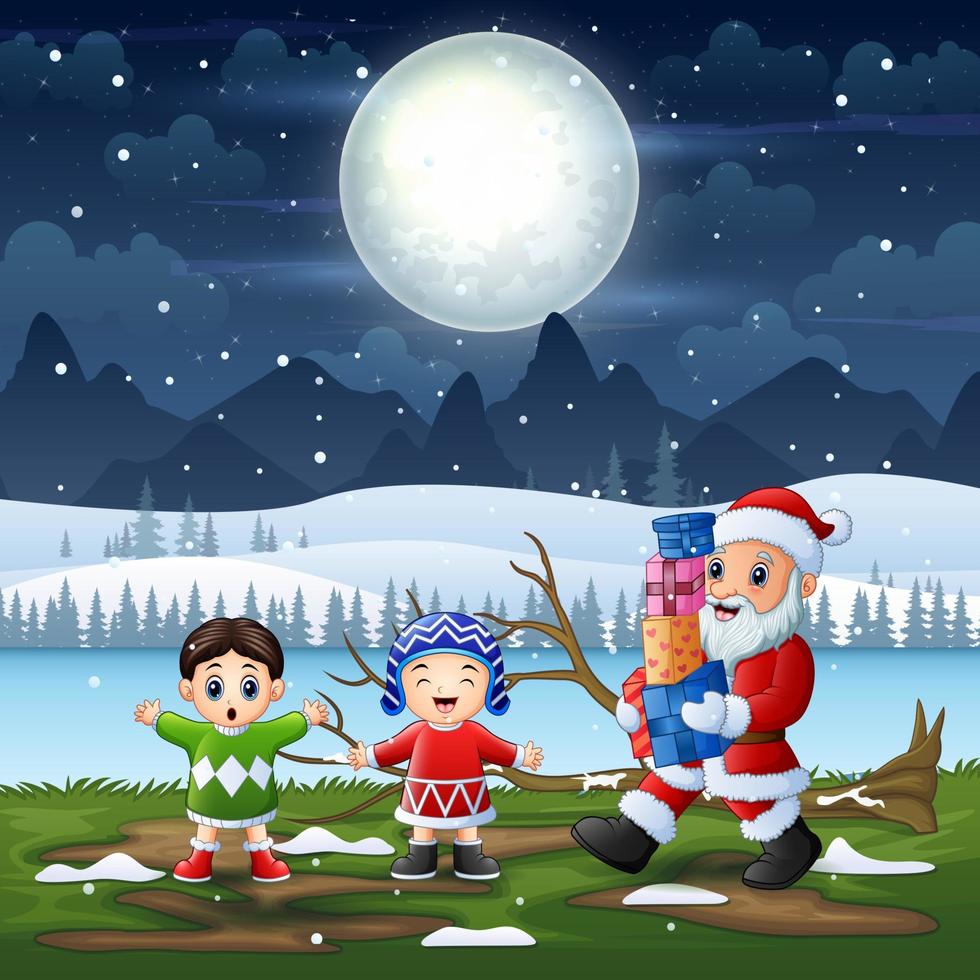 santa dando regalos a los niños en un paisaje nevado vector