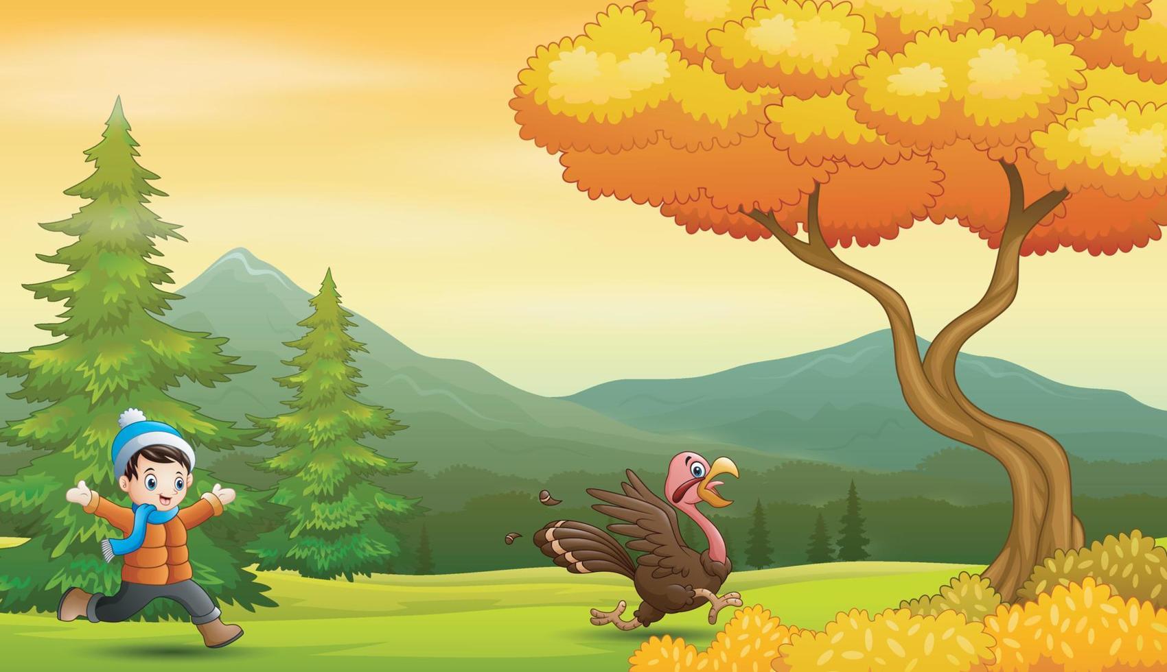 Boy chasing a turkey in the nature landscape vector