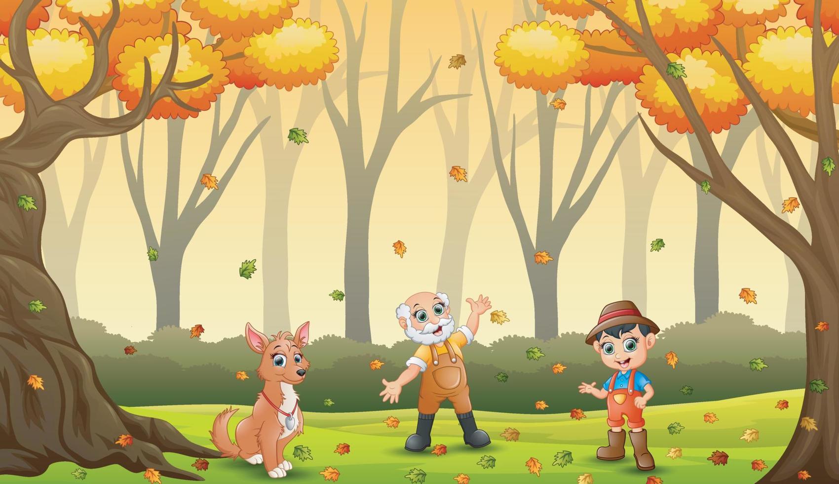 The farmers having fun with autumn leaves vector