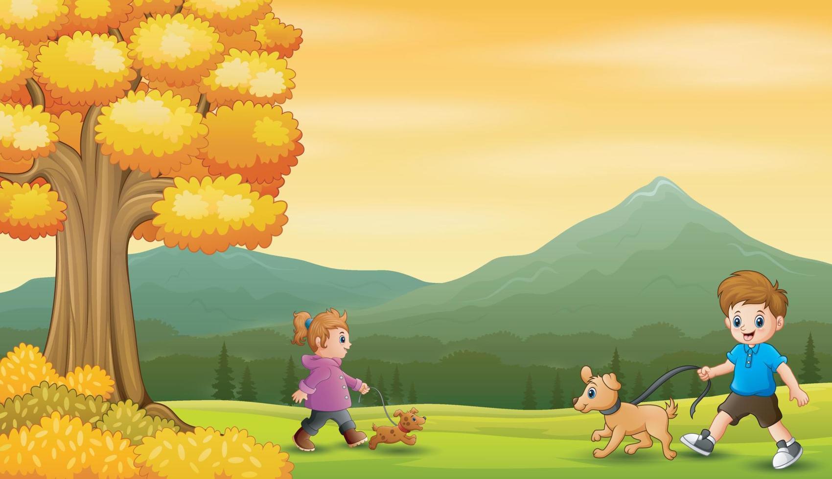 Kids walking with their pets at nature vector