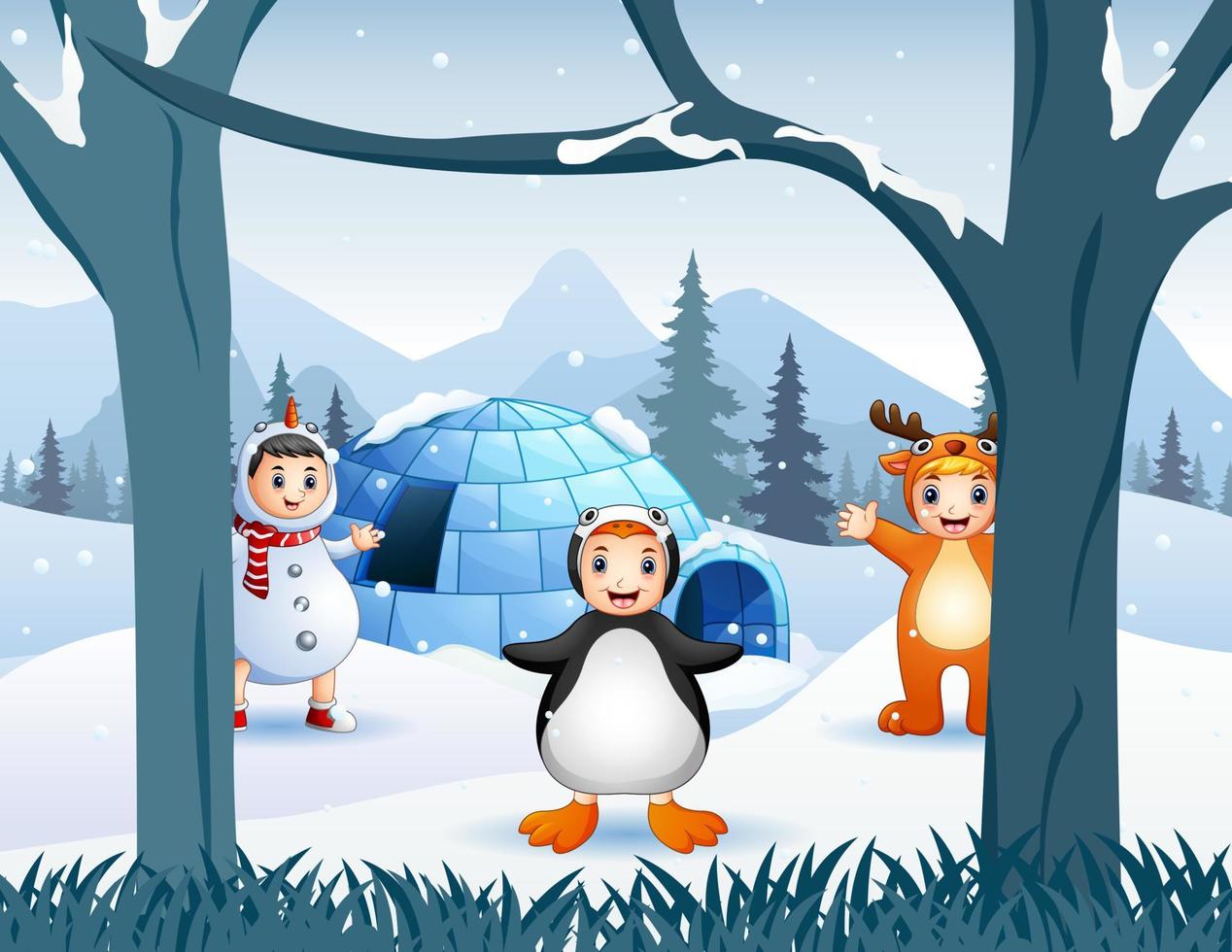 Happy kids in animal costume playing near an igloo house vector