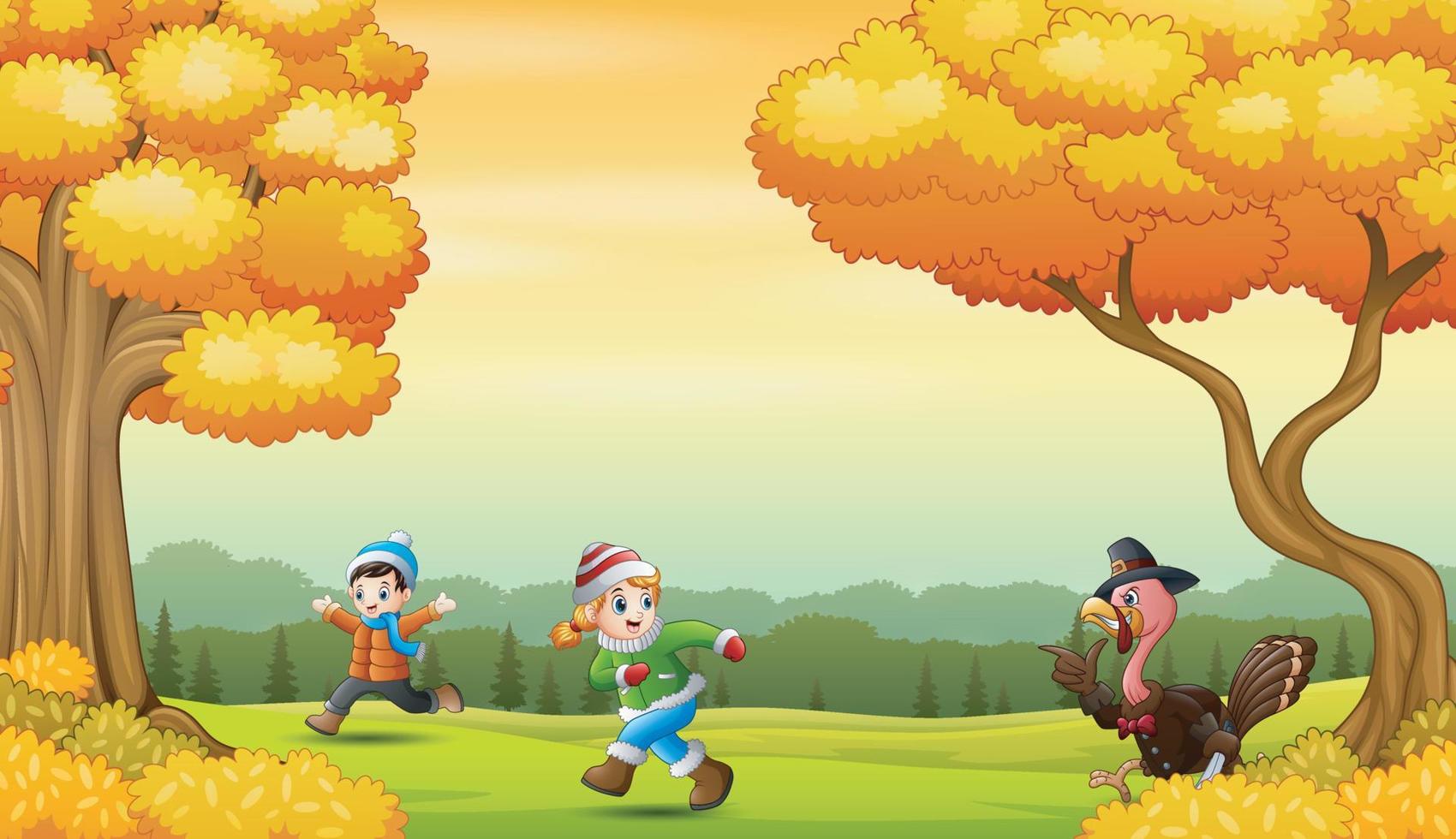 Happy kids playing with turkey bird in the autumn landscape vector