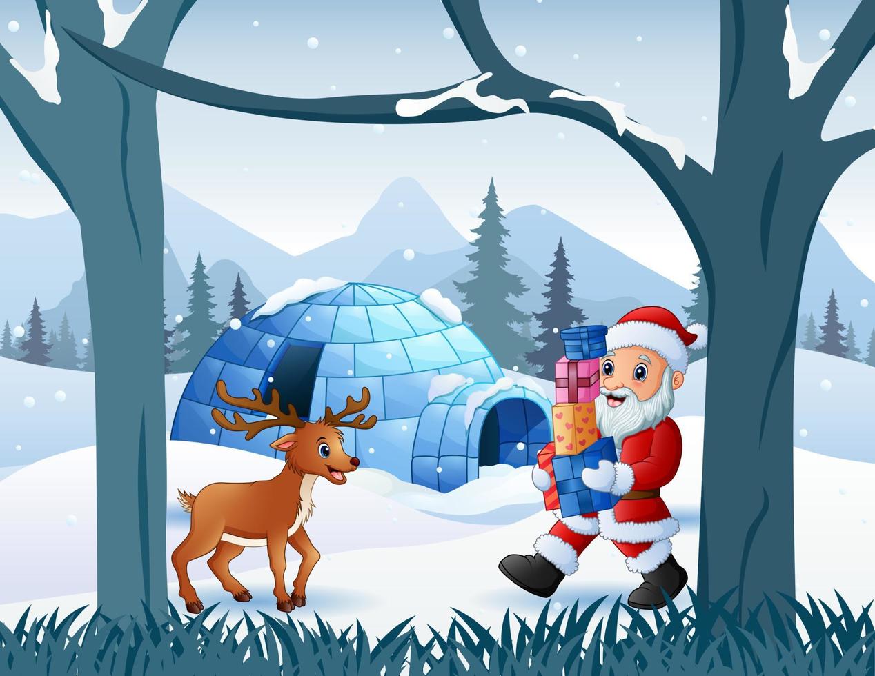 Merry Christmas with Santa Claus and deer near the igloo vector