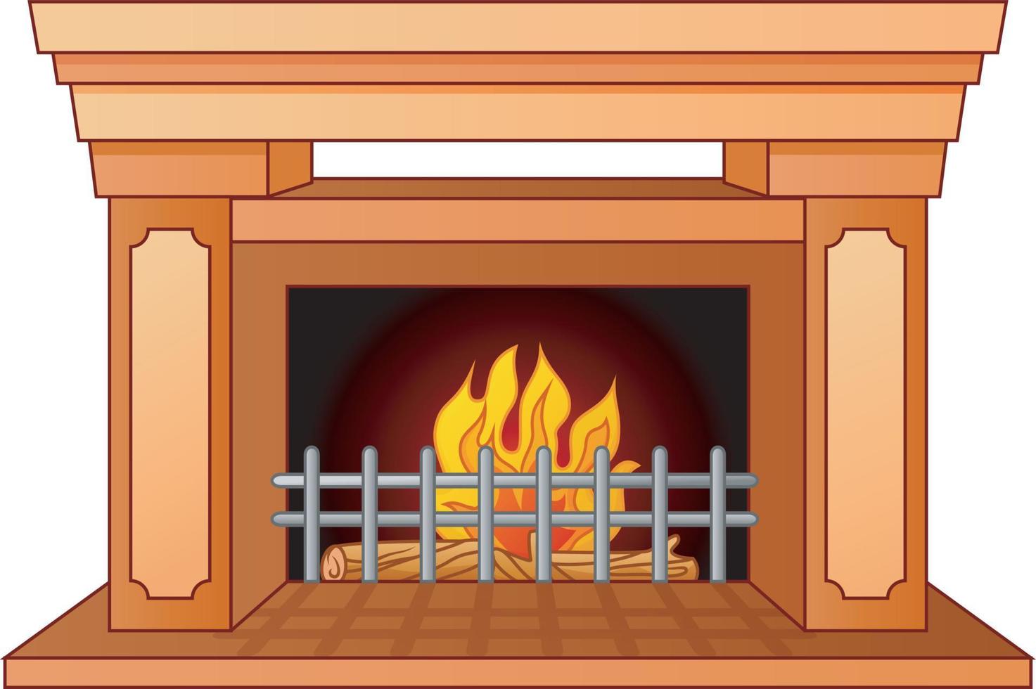 Wooden fireplace with burning fire inside on white background vector