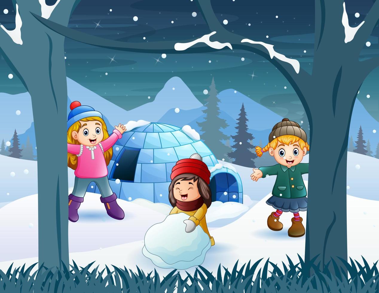 Cheerful kids playing a snow near the igloo house vector