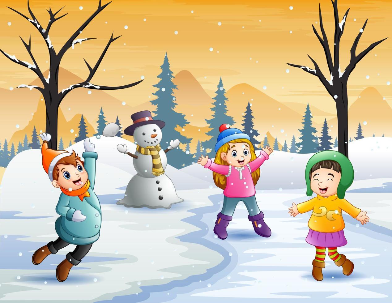niños felices jugando al aire libre en invierno vector