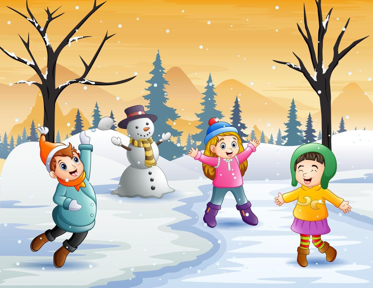 Happy kids playing outdoors in winter vector