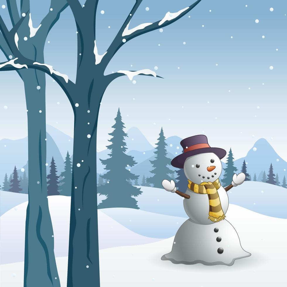 Winter scene with a snowman in a forest vector