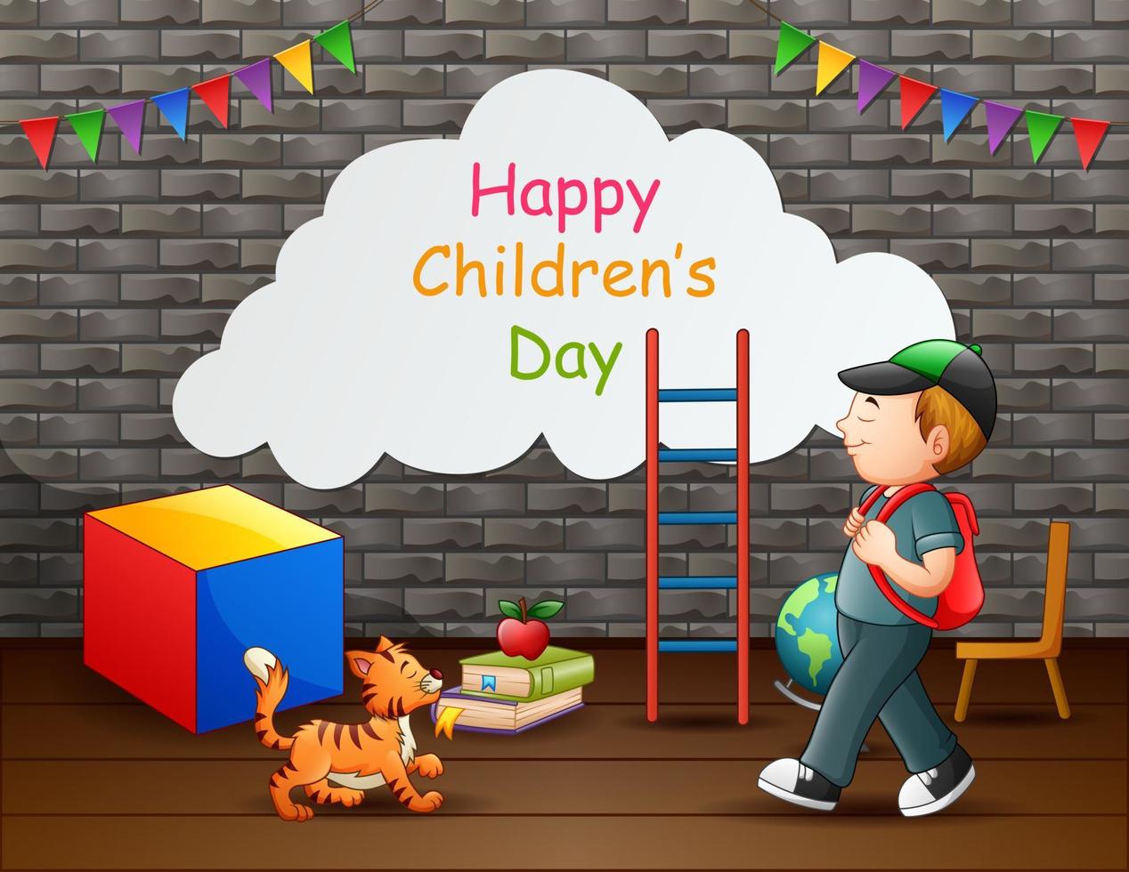 Happy children's day text with a boy and pet vector