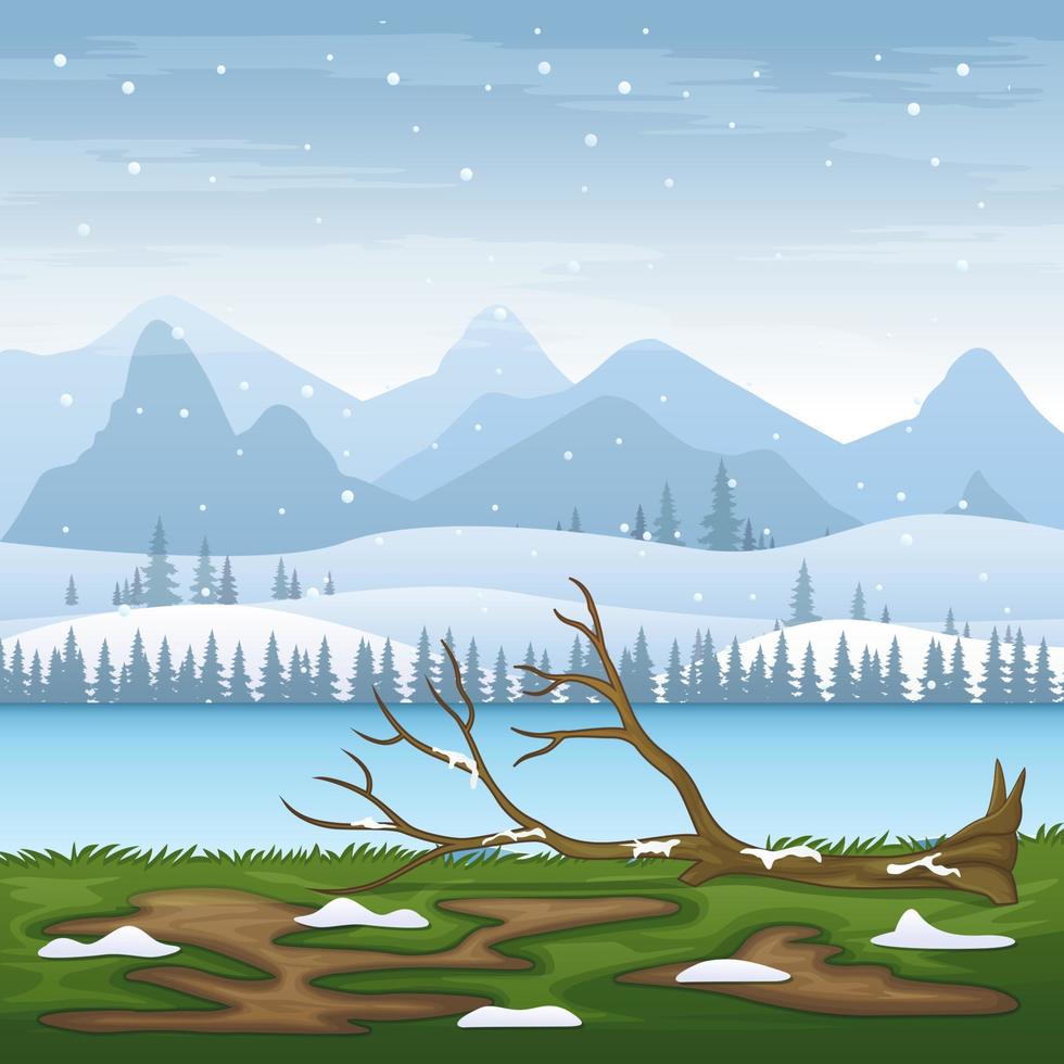 Winter snowy landscape with fallen tree by the river vector