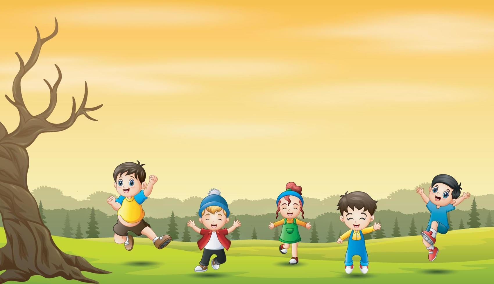 Cheerful little kids jumping and laughing in nature background vector