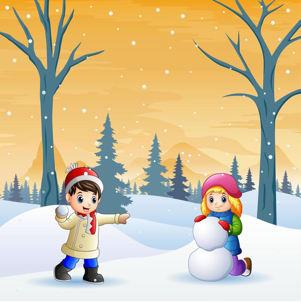 Children playing snowball happily vector