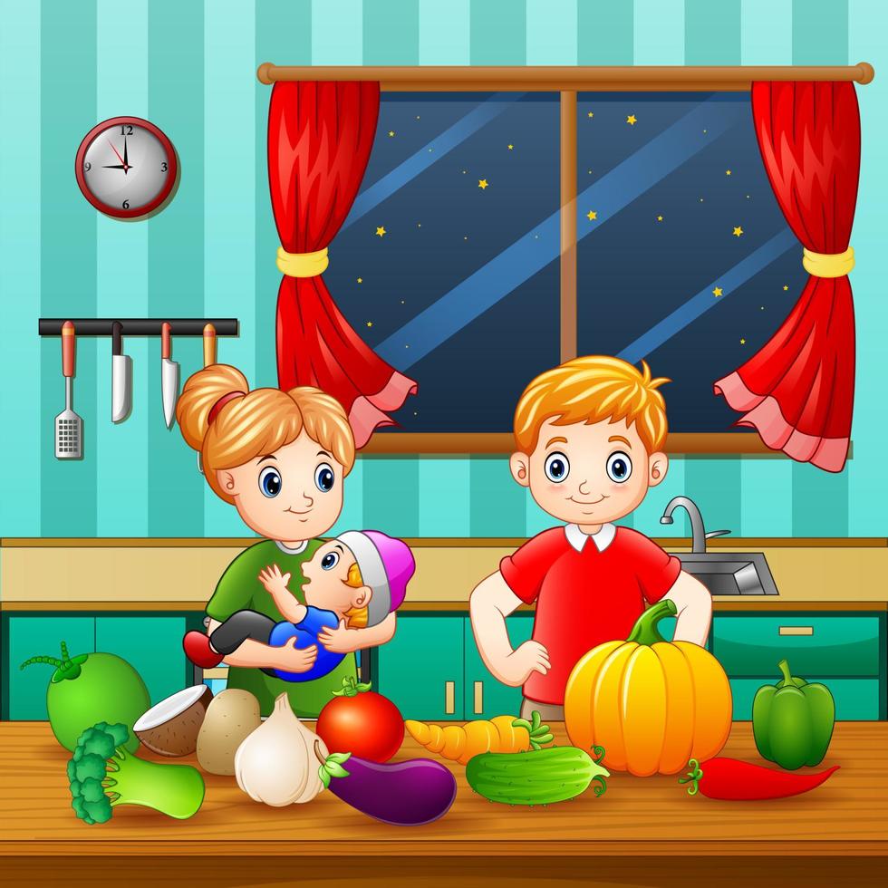 Little family in the kitchen with different kind of vegetables on the table vector