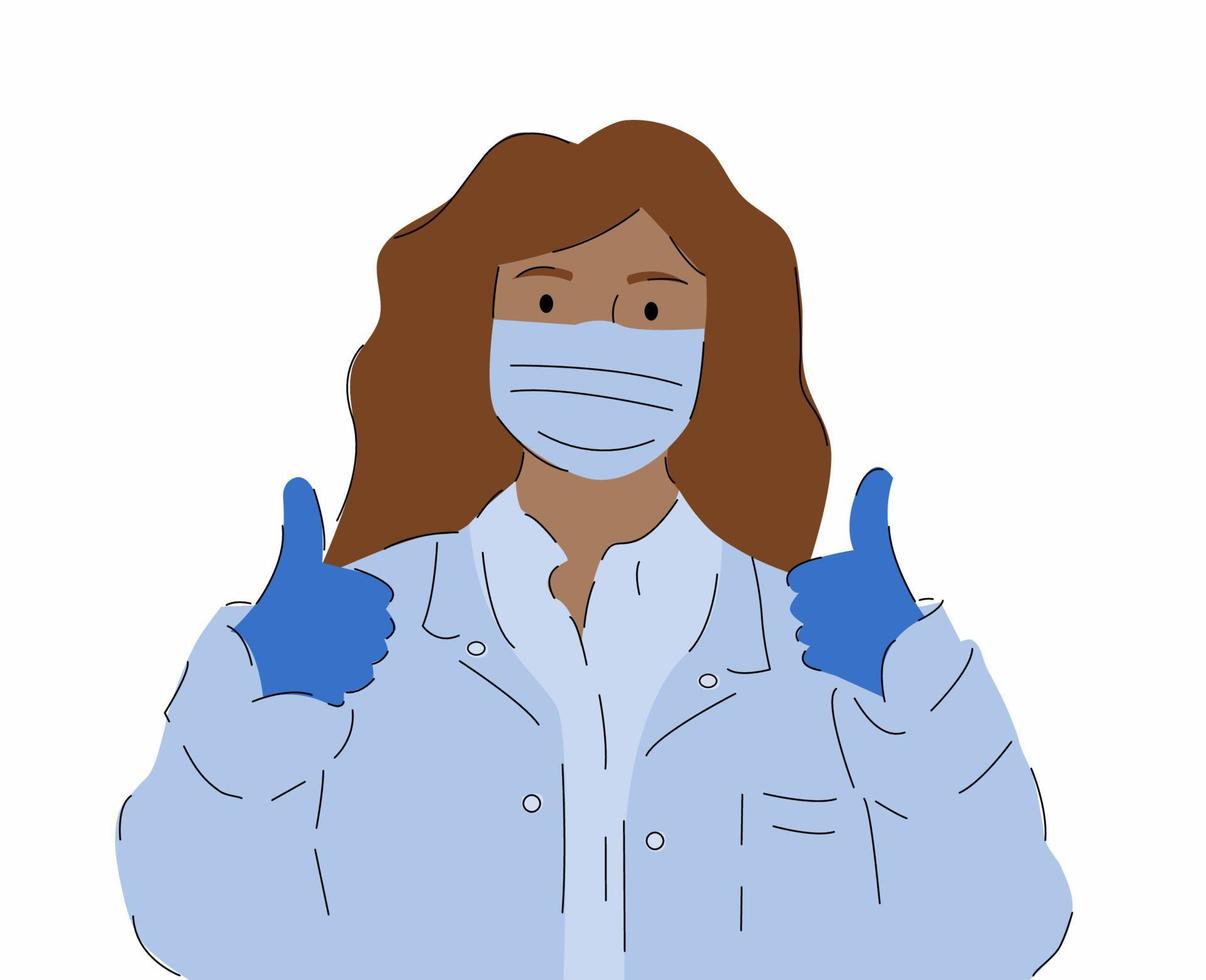 Dark-skinned nurse gives the finger up. Woman Physician. Medicine, healthy lifestyle. A girl in a medical gown and a mask. Vector illustration in flat cartoon style