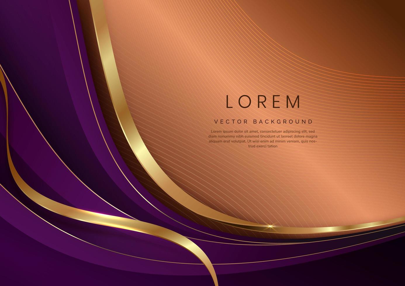 3D modern luxury template design violet and gold curved shape and golden curved line on brown background. vector