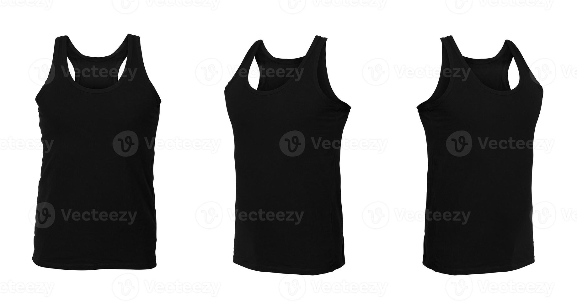 camiseta negra sin mangas. vista frontal de la camisa tres posiciones sobre un fondo blanco foto