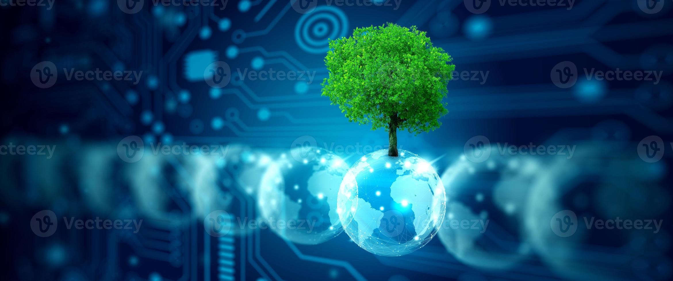 Crystal ball with tree against nature. Ecology, Energy, and Environment Concept. photo