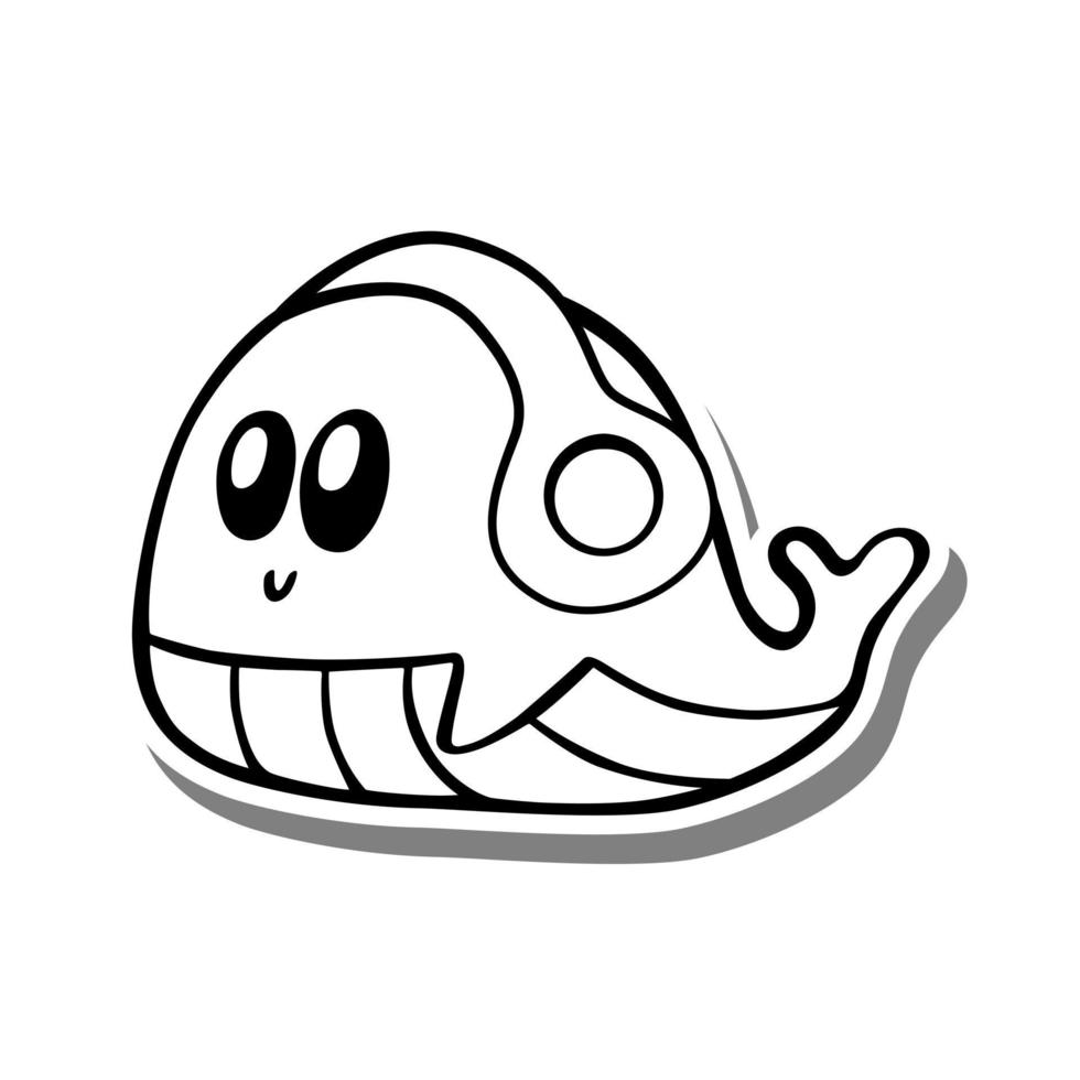 Cute cartoon Whale wearing Headphone Monochrome. Doodle on white silhouette and gray shadow. Vector illustration about aquatic animals for any design.