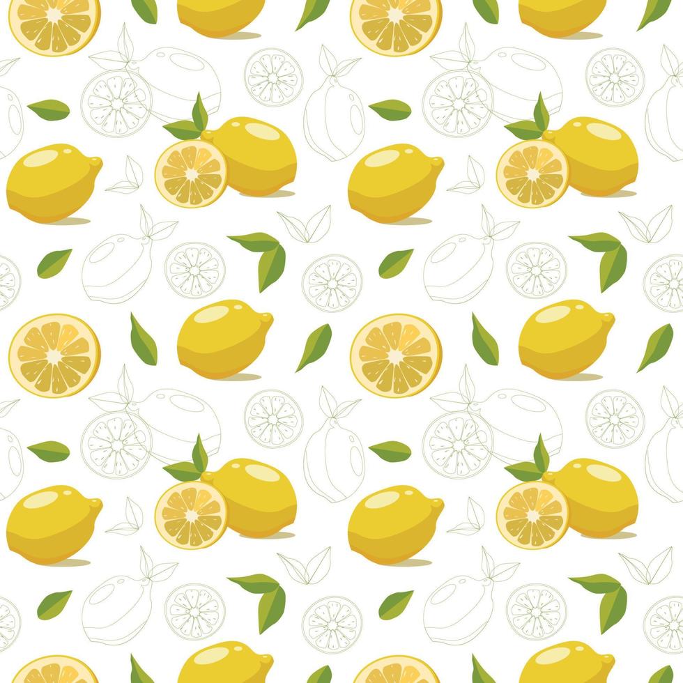 Seamless pattern of yellow lemons and leaves vector