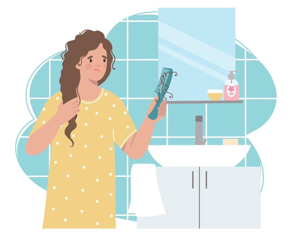 Bathroom, woman is holding a comb with a lock of hair, she is upset because of hair loss vector
