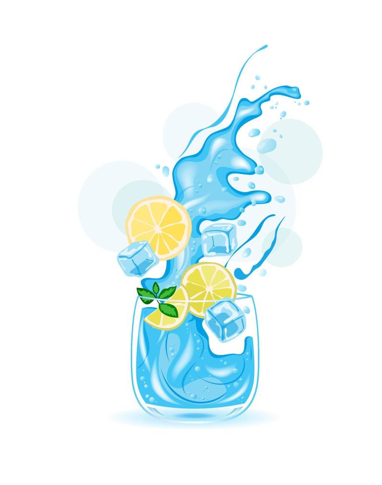 Glass of water, ice water, fruit cocktail, citrus, vector illustration