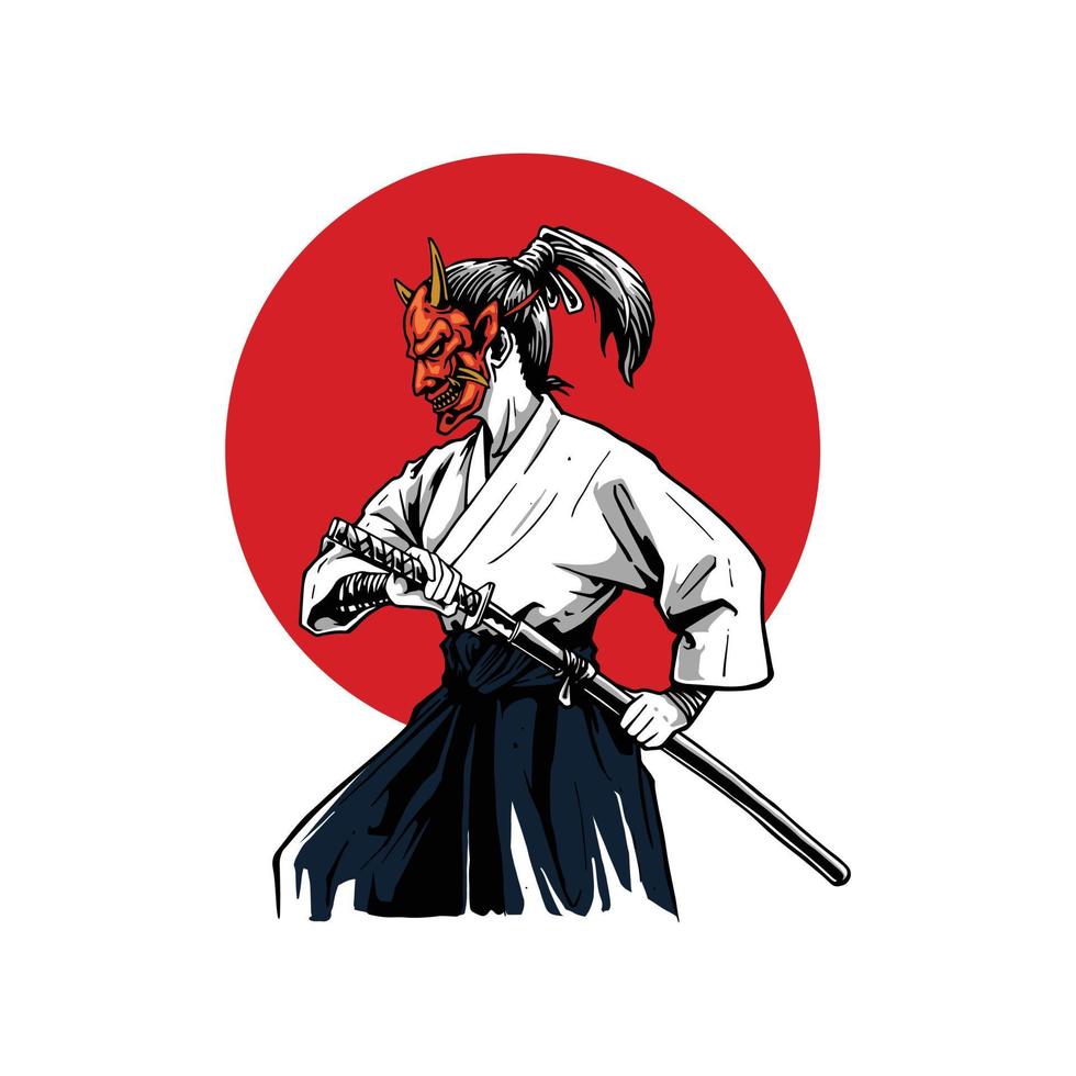 samurai con ilustración de máscara oni vector