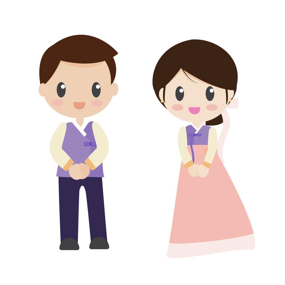 cute korean wedding couple in traditioanl dress flat style vector