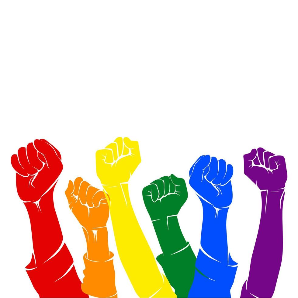 six hands holding up with each color of the lgbt flag. which signifies that the togetherness and pride of a group of lgbt vector