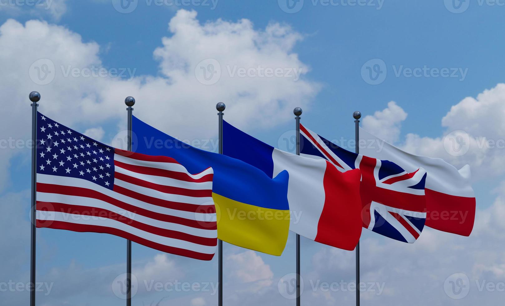 banderas estados unidos ucrania francia gran bretaña y polonia. trabajo 3d e ilustracion 3d foto