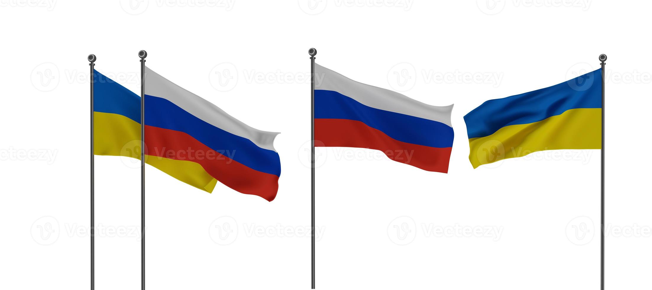 banderas de ucrania y rusia, rusia vs ucrania detener la guerra, lucha entre rusia y ucrania, aislado sobre fondo blanco foto