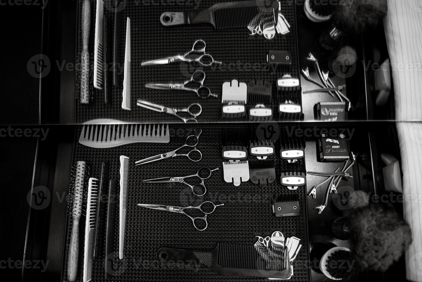 the tools of a bar ber shop on the desktop photo