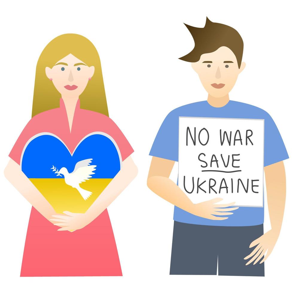 Boy and girl holding Ukrainian flag with dove sign of peace and text save Ukraine no war. vector