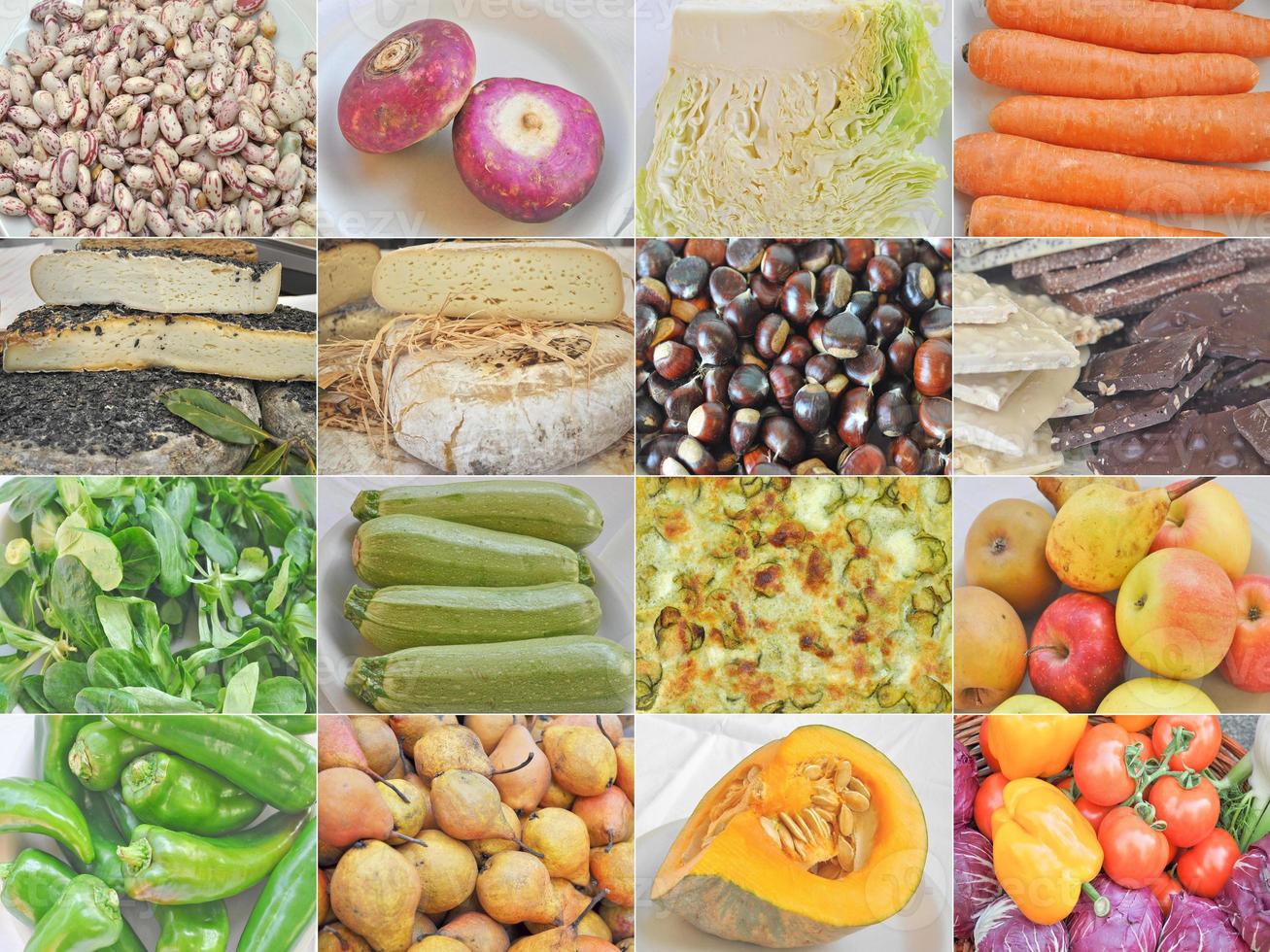 Food collage set with beans, vegetables, fruit and cheese photo