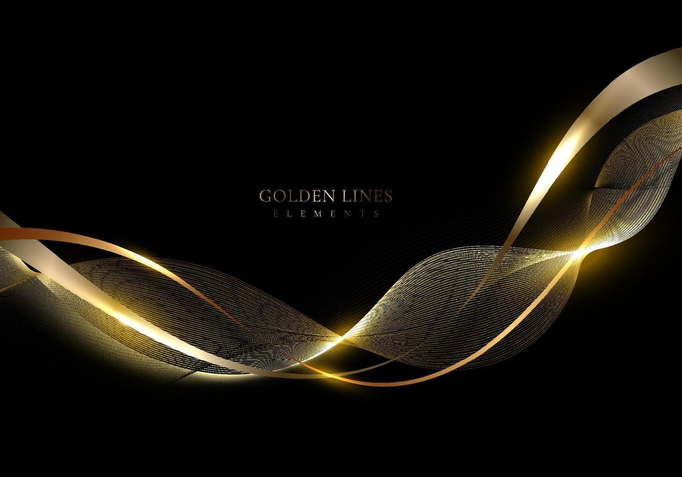 Abstract modern luxury golden wave lines and ribbon with lighting effect on black background vector