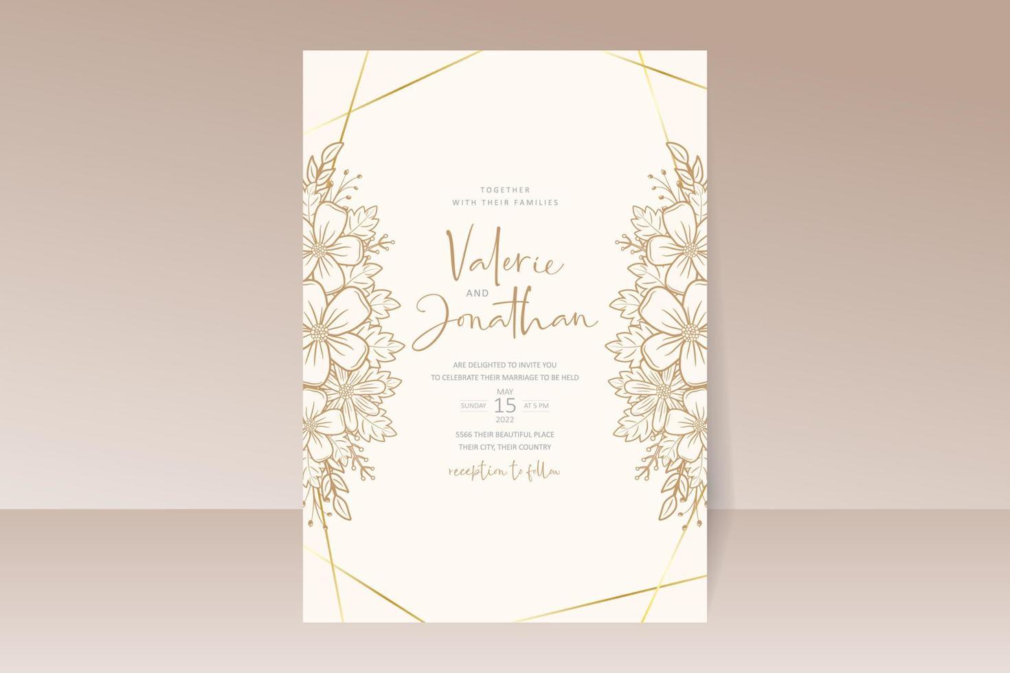 Wedding invitation template with floral outline decoration vector