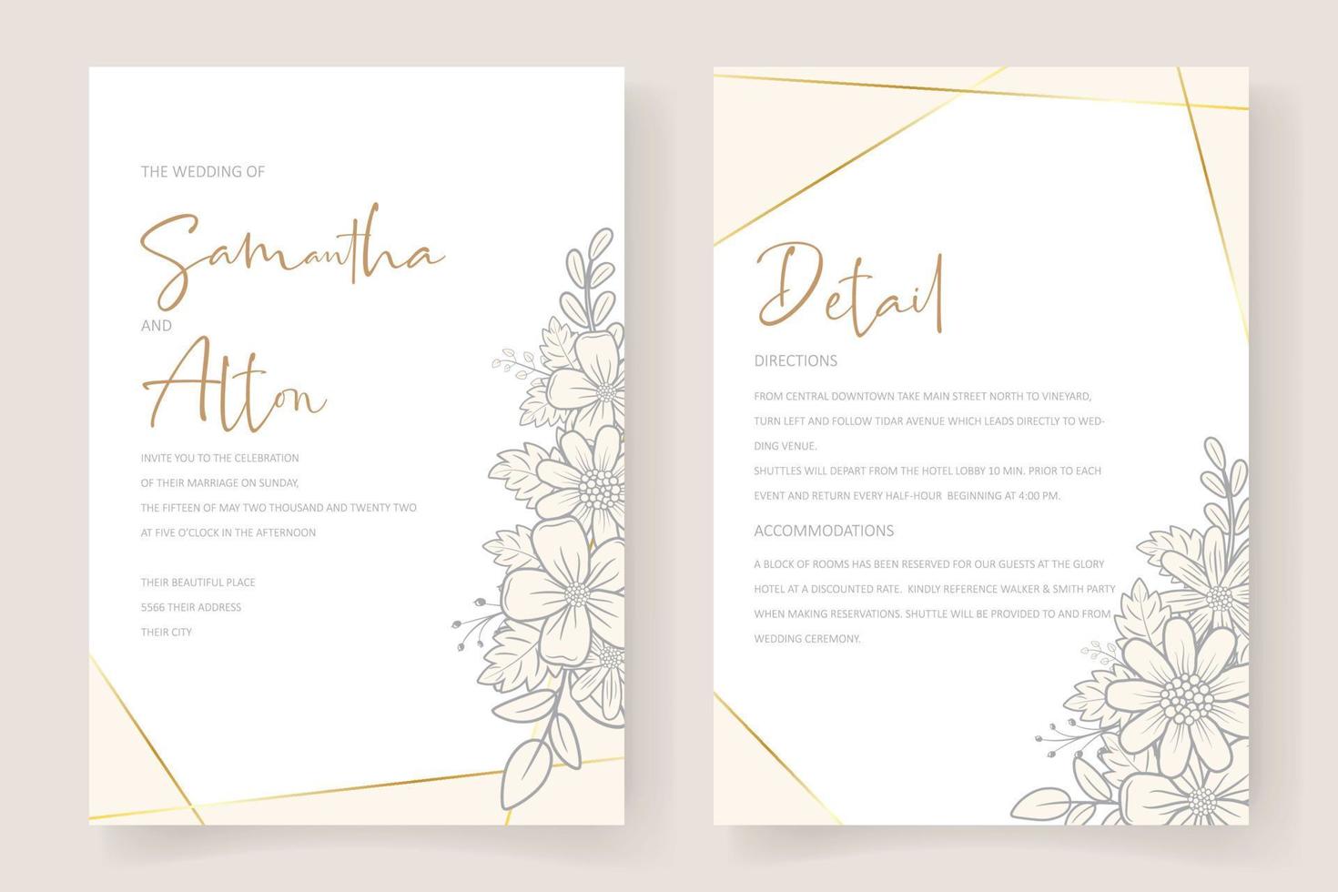 Wedding invitation template with floral outline decoration vector