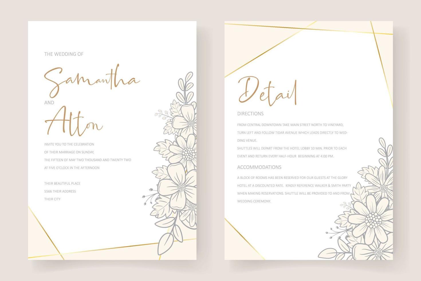 plantilla de invitación de boda con decoración de contorno floral vector