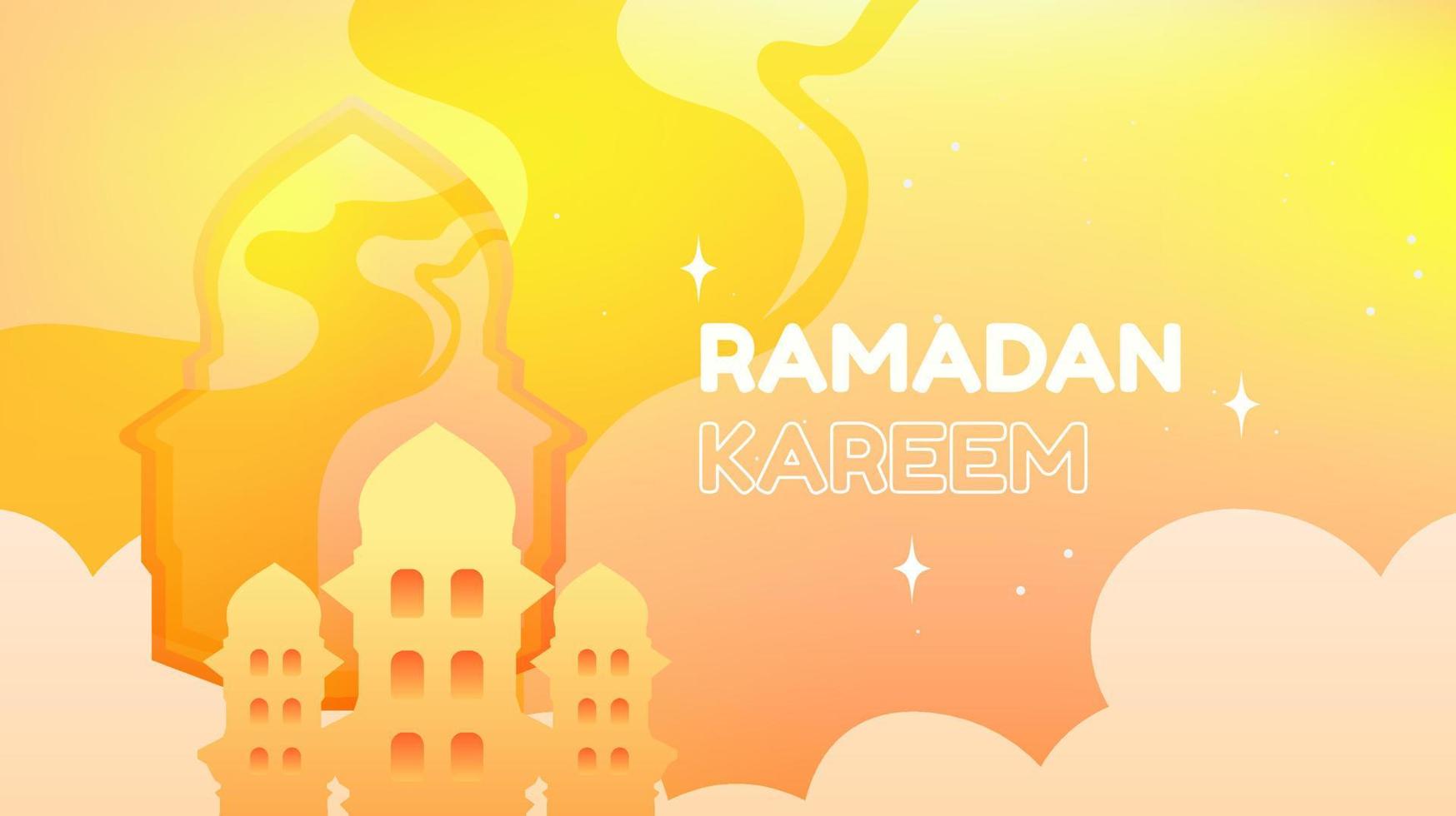 Ramadan Kareem illustration landscape background with mosque silhouette ornaments and dominant yellow, for the use of Ramadan events and other Muslim events vector