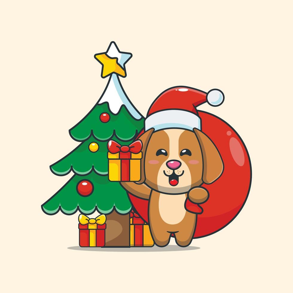 Cute dog carrying christmas gift box with santa bag vector