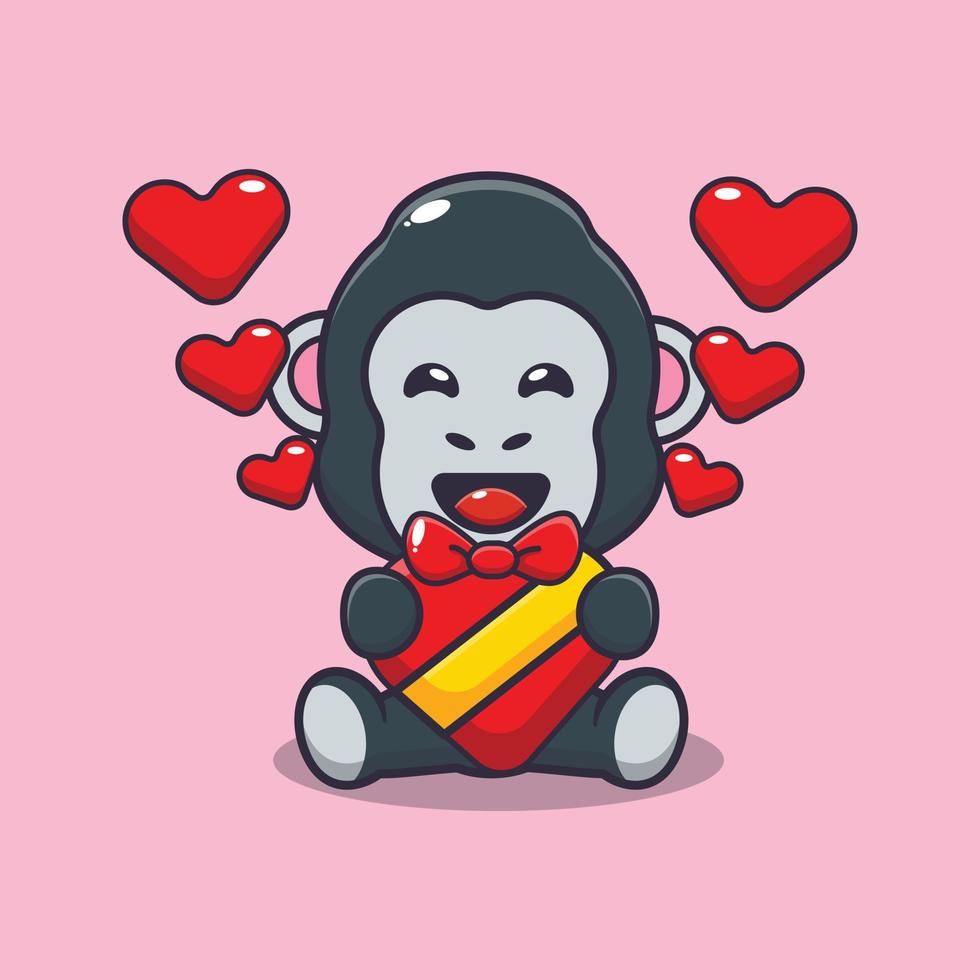 lindo personaje de dibujos animados de gorila feliz en el día de san valentín vector