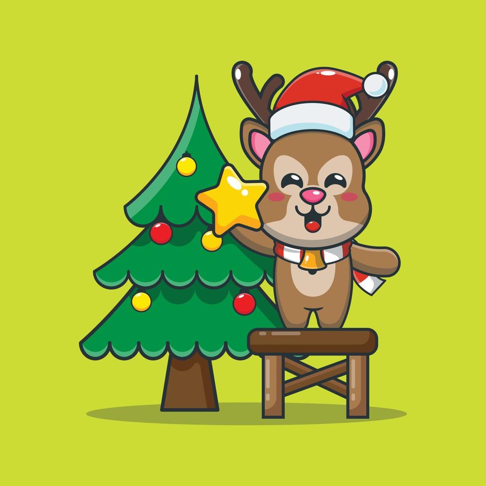 Cute deer taking star from christmas tree vector