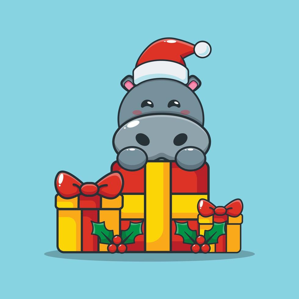 lindo personaje de dibujos animados de hipopótamo con regalo de navidad vector