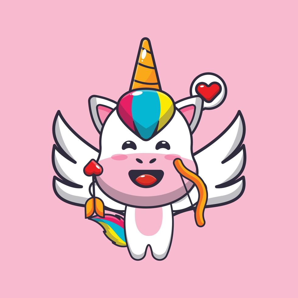 lindo unicornio cupido personaje de dibujos animados con flecha de amor vector