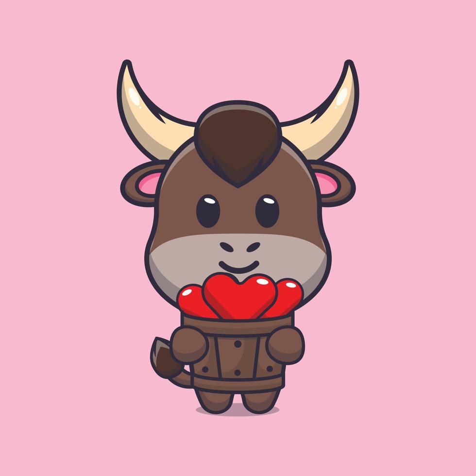 lindo personaje de dibujos animados de toro sosteniendo amor en un cubo de madera vector