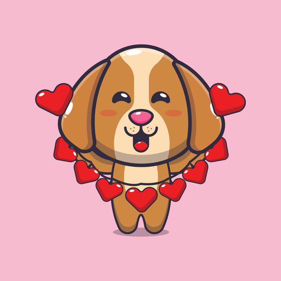 lindo personaje de dibujos animados de perro con decoración de amor en el día de san valentín vector