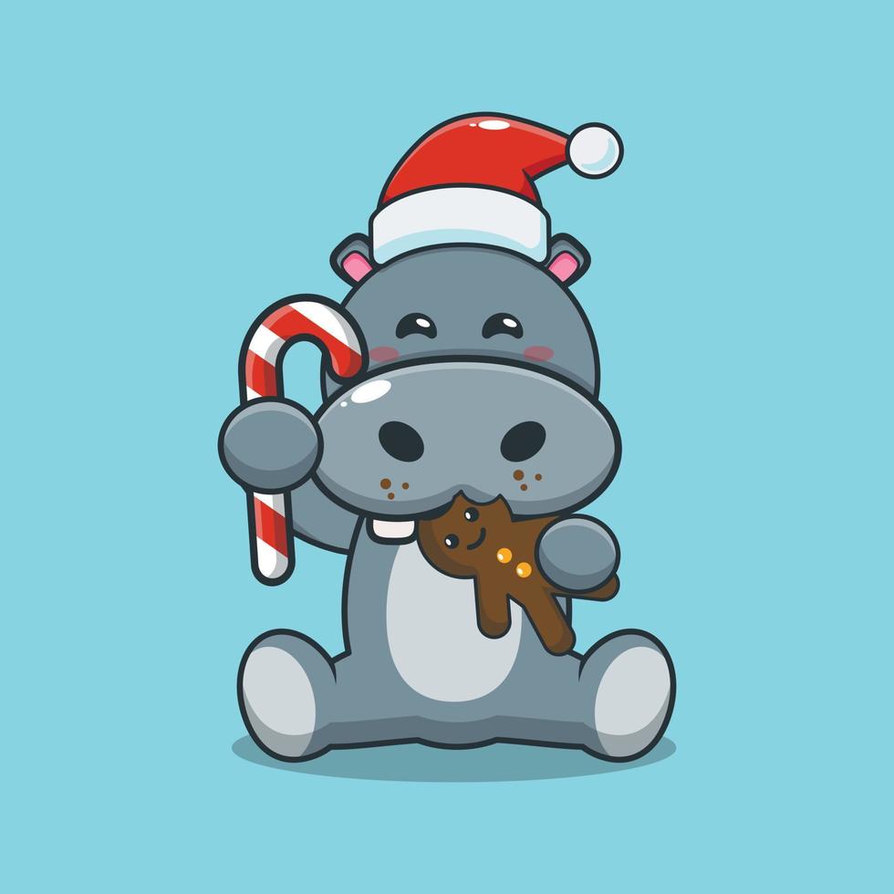 lindo hipopótamo comiendo galletas y dulces de navidad. vector